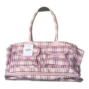Ulta Beauty Pink Plaid Travel Gym Bag Outer Pockets Double Handle Weekend NWT